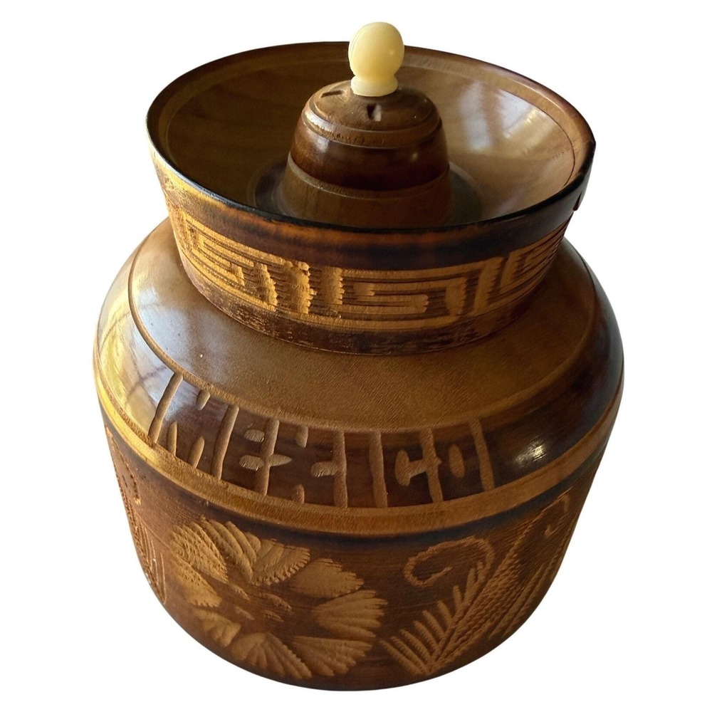 Taxco Mexico Hand Carved Wood Lidded Jar Folk Art Eagle Aztec Vintage Boho Decor - Picture 4 of 8